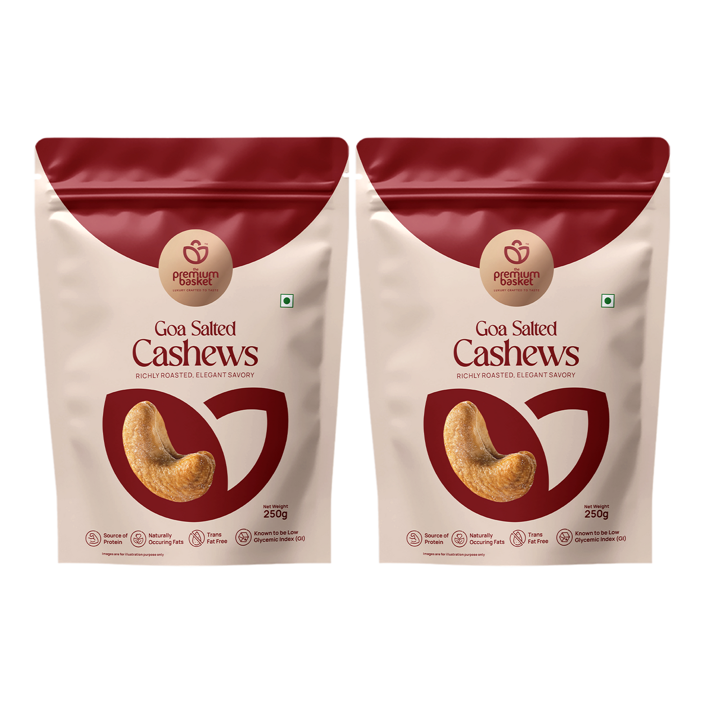 Two Goan salted cashews pouches, burgundy tops and cream bodies