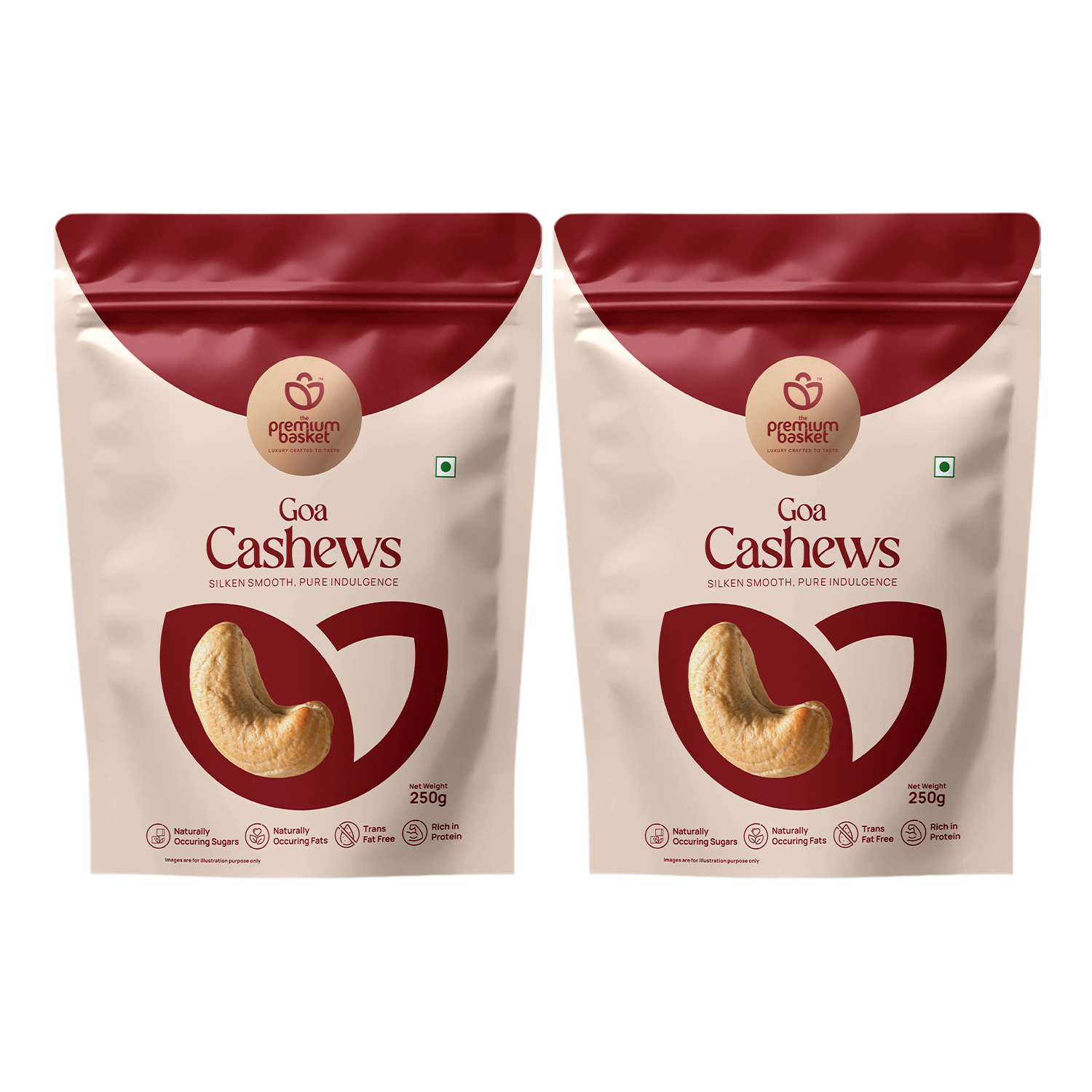 Two Goa Cashews pouches side by side