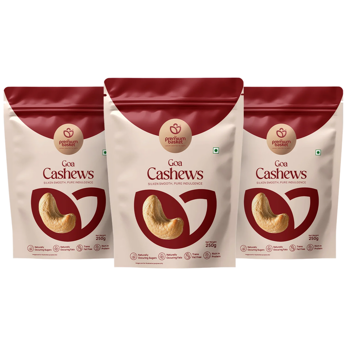 Cashew nuts pouches multipack, red and white, 250 g labels