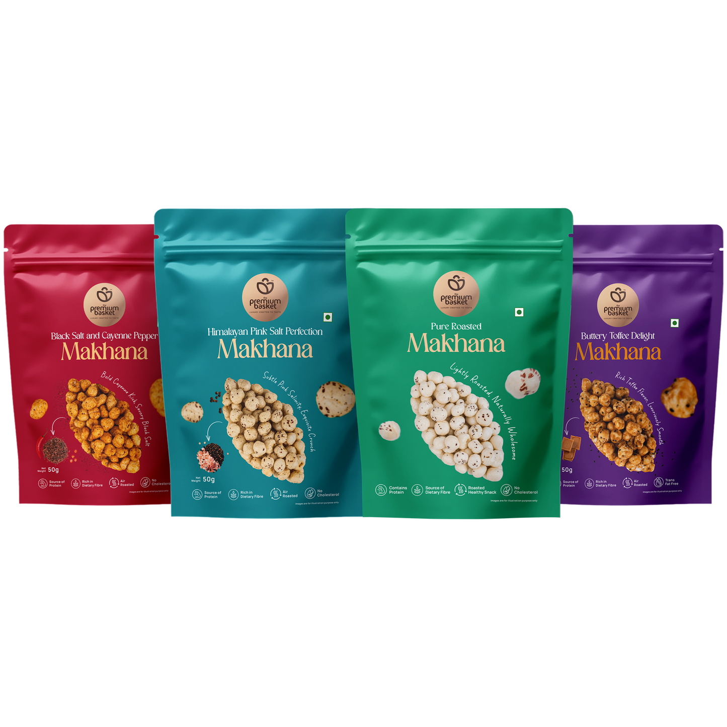 Gourmet makhana snack collection in four sealed pouch bags: assorted roasted makhana