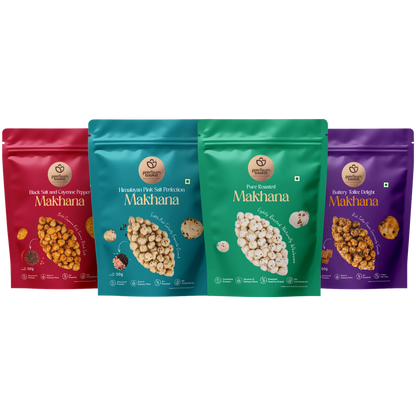 Gourmet makhana snack collection in four sealed pouch bags: assorted roasted makhana