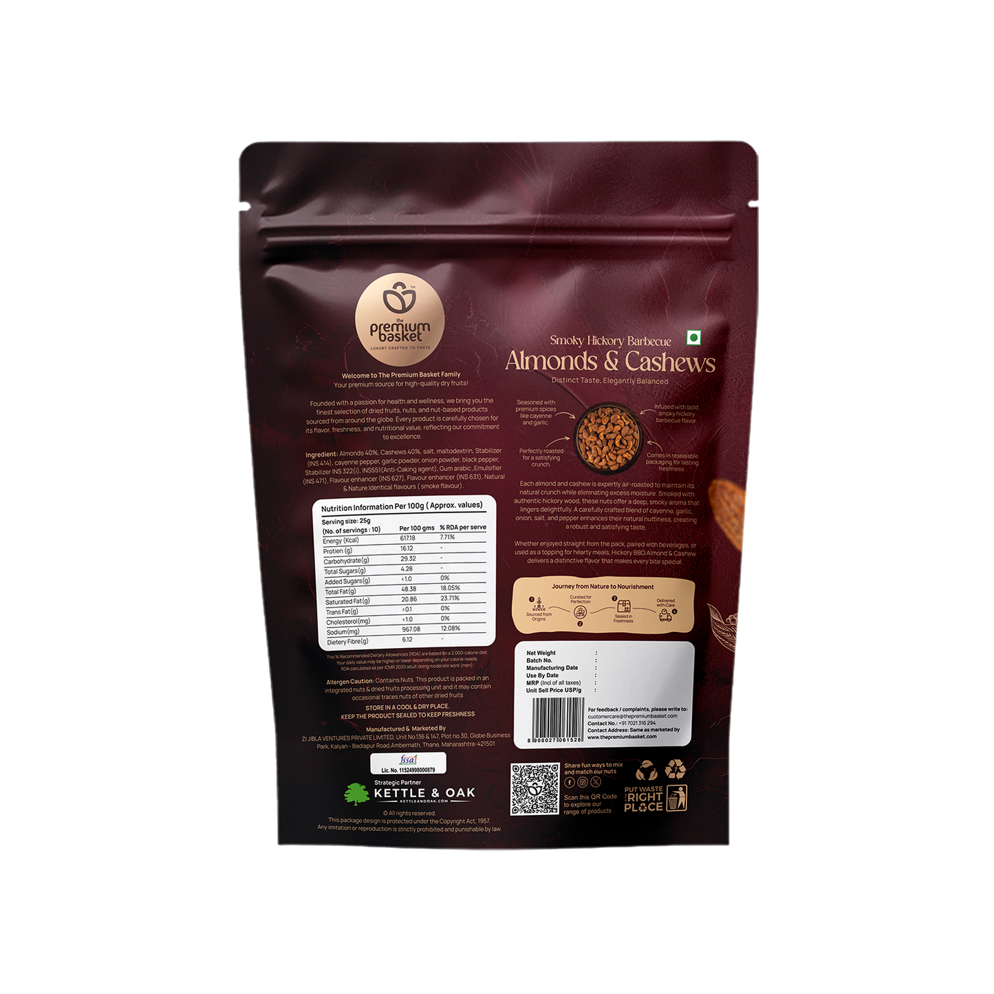 Smoky Hickory barbecue almonds & cashews pouch, back view with nutrition panel