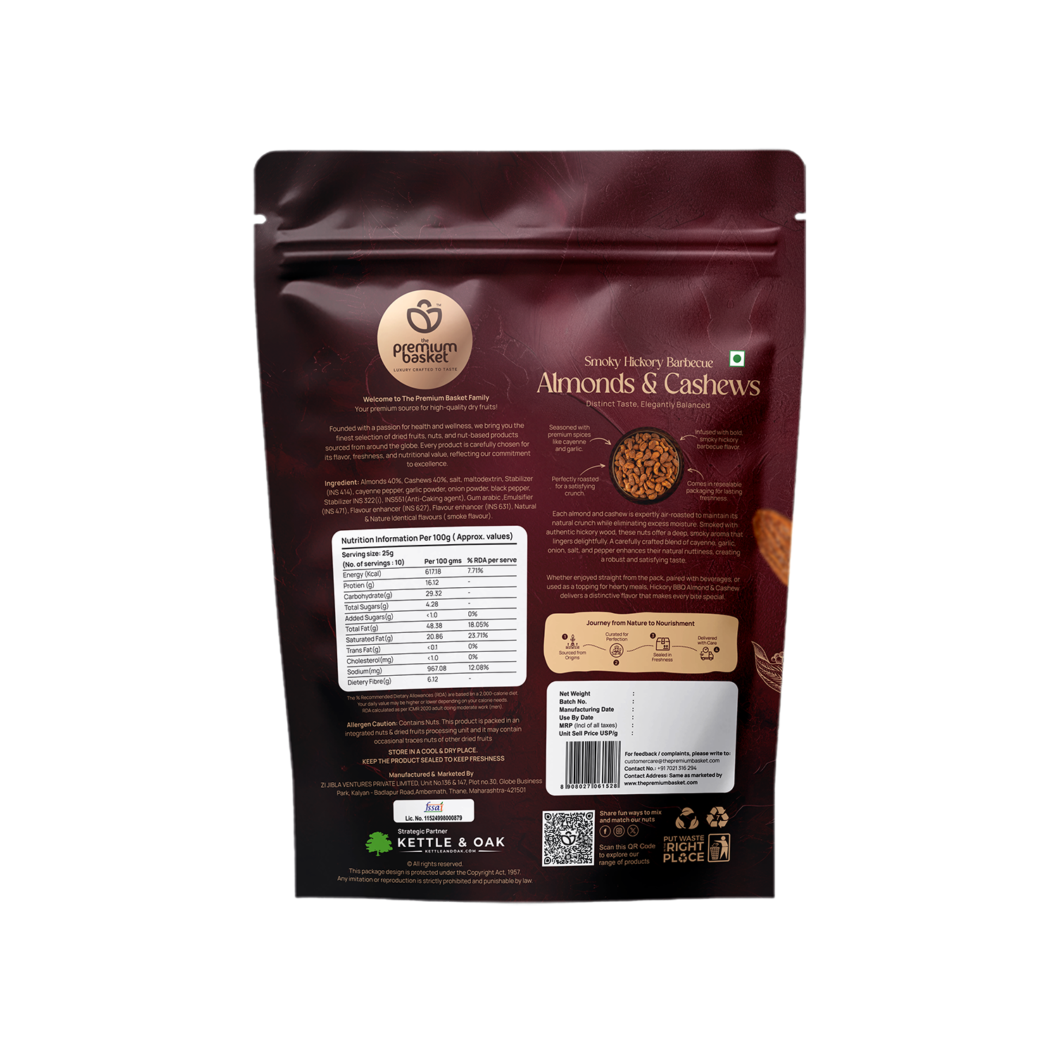 Smoky Hickory barbecue almonds & cashews pouch, back view with nutrition panel