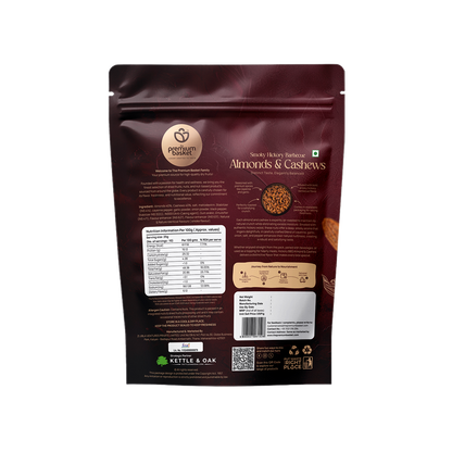 Smoky Hickory barbecue almonds & cashews pouch, back view with nutrition panel