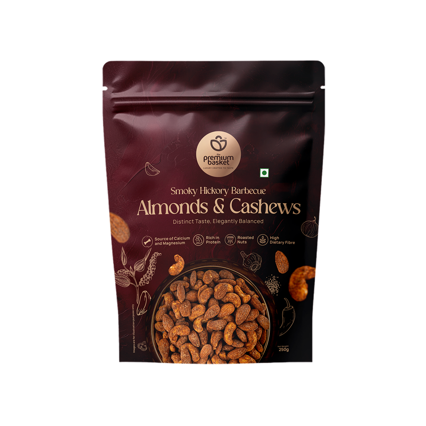 Smoky Hickory barbecue almonds & cashews pouch, front view with nut illustration