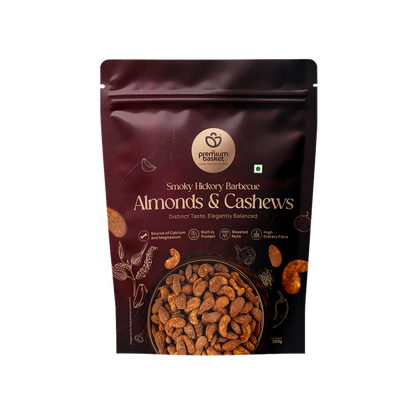 Smoky Hickory barbecue almonds & cashews pouch, front view with nut illustration