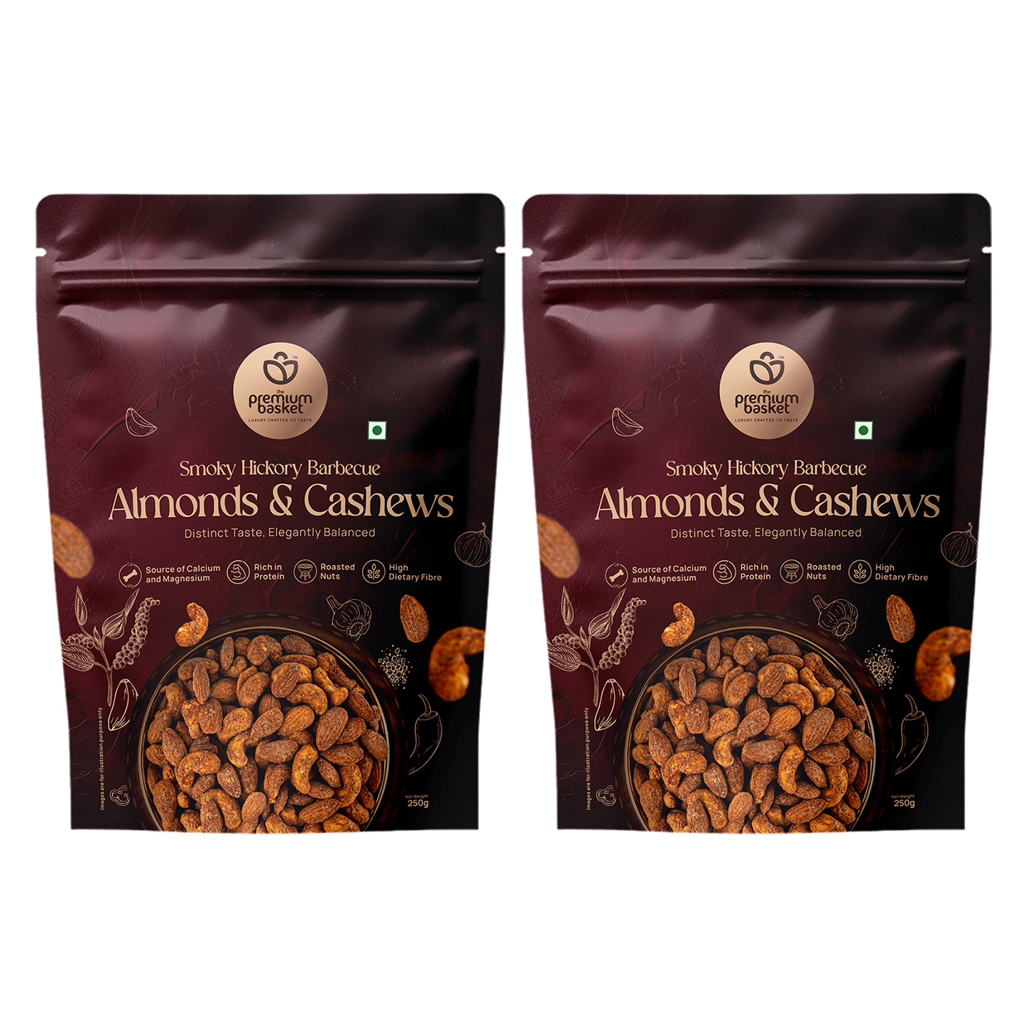 Smoky Hickory barbecue almonds & cashews pouch, front view, resealable top