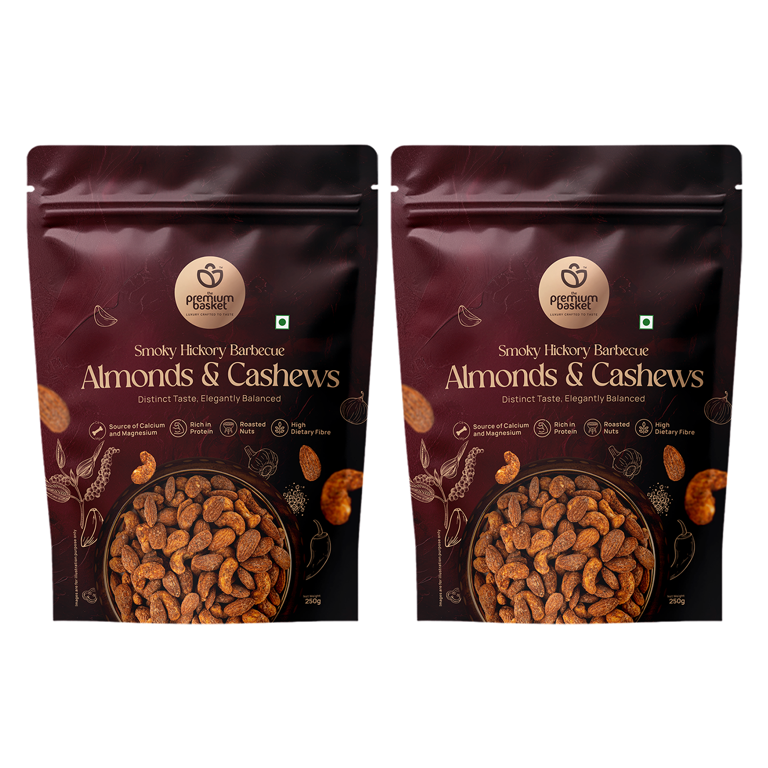 Smoky Hickory barbecue almonds & cashews pouch, front view, resealable top