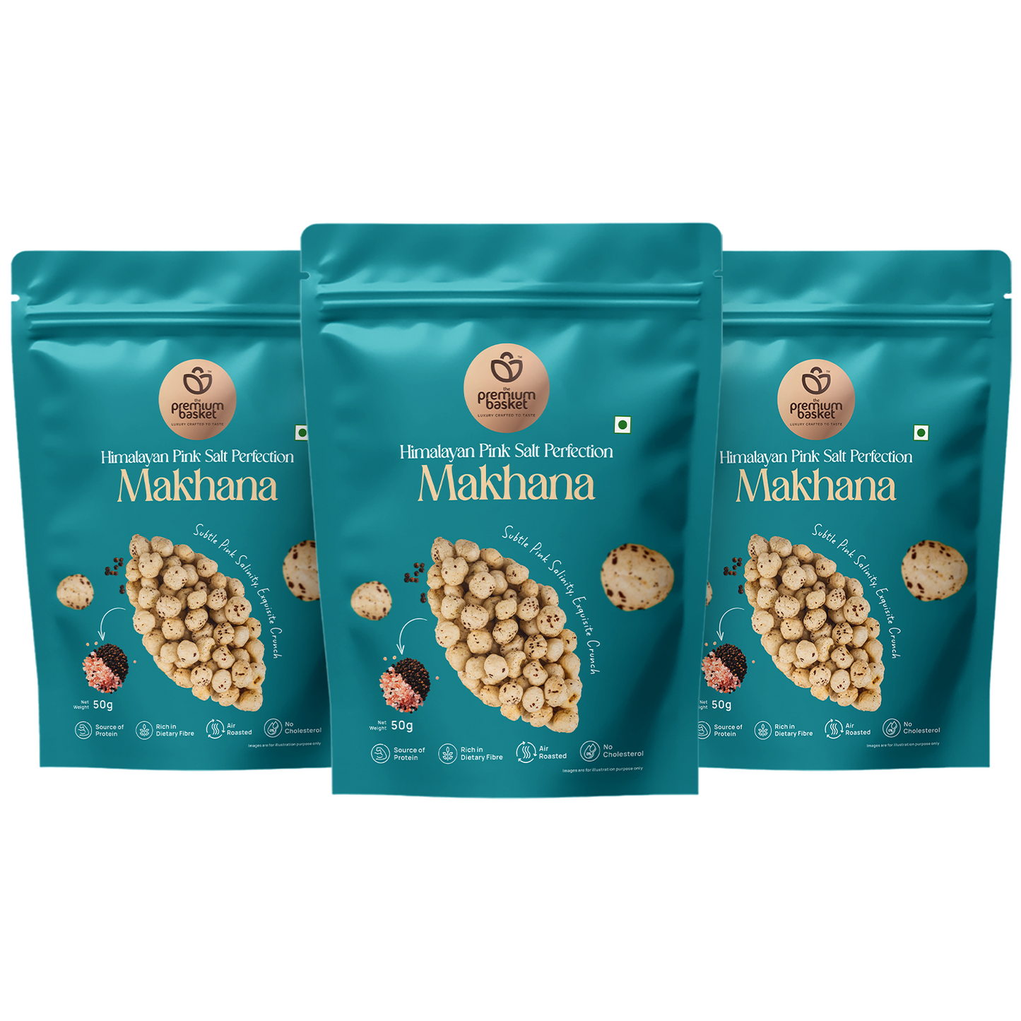 Three turquoise makhana snack pouches, front views arranged in a row