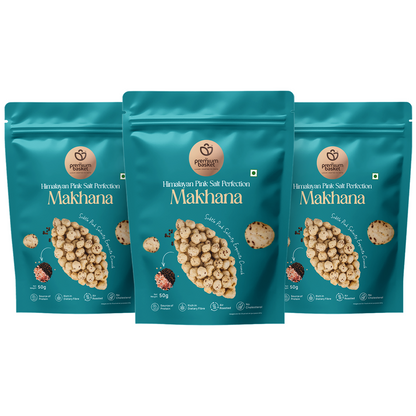 Three turquoise makhana snack pouches, front views arranged in a row