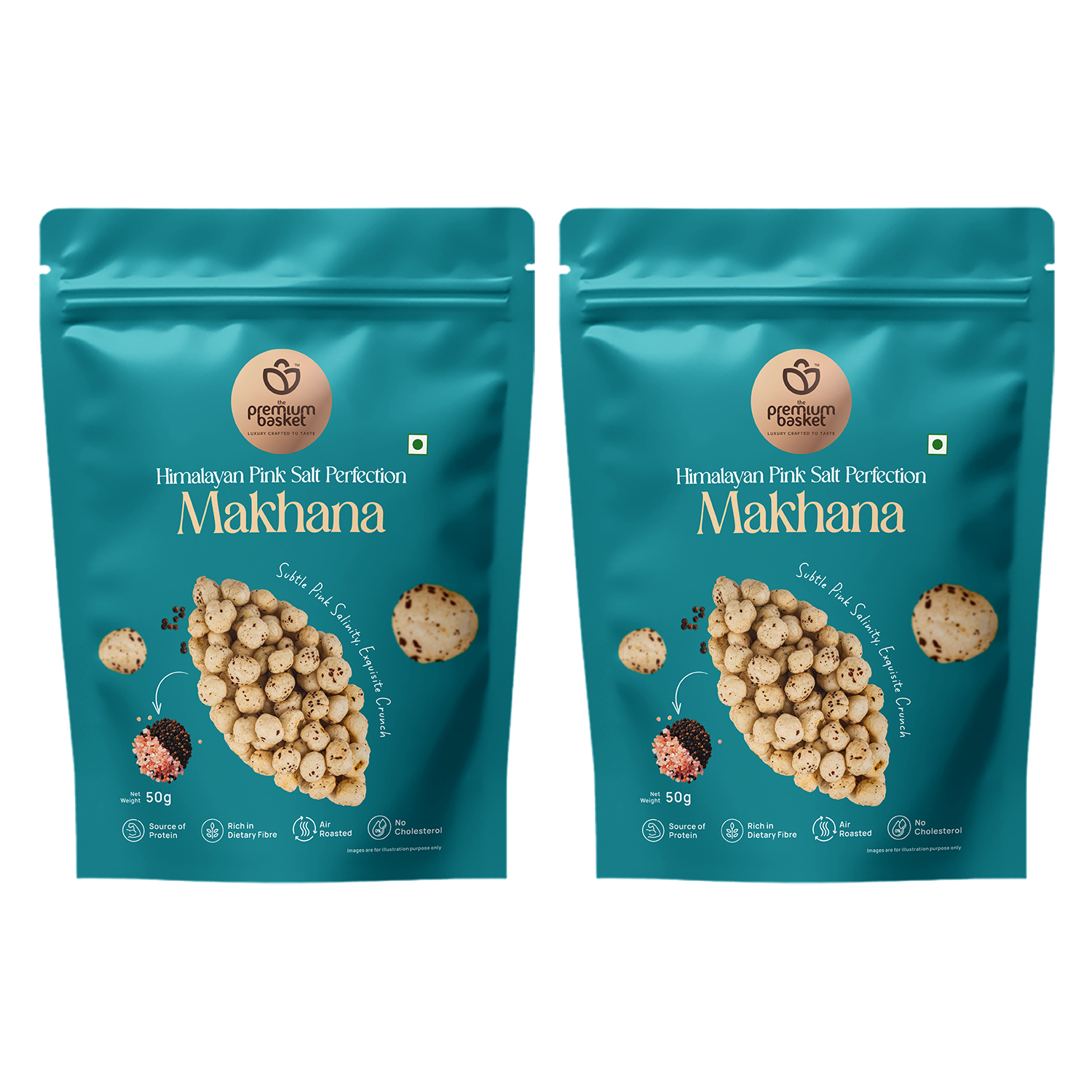 Two turquoise makhana snack pouches, front view with puffed lotus seed graphics
