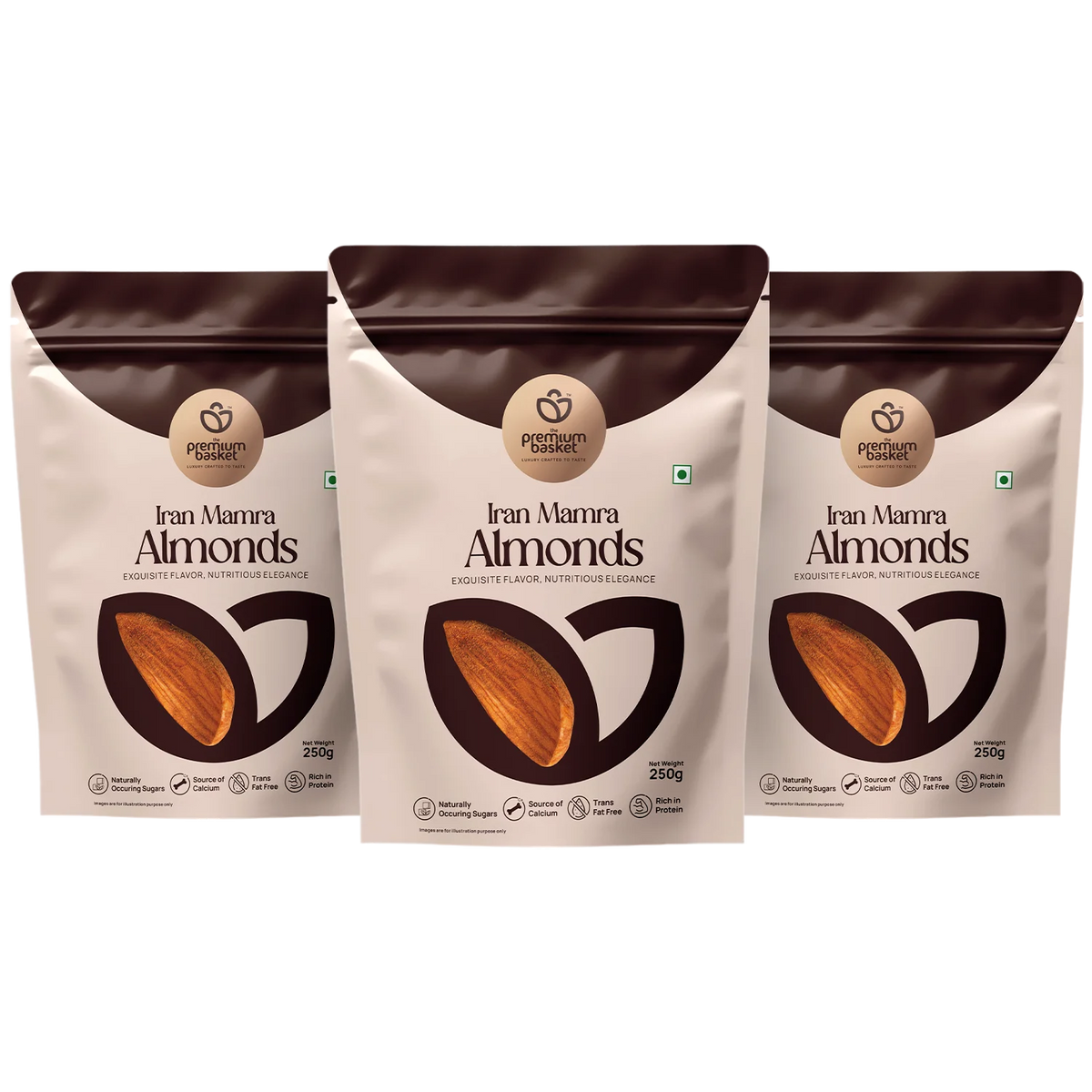 Iran Mamra Almonds stand-up pouches, three-pack