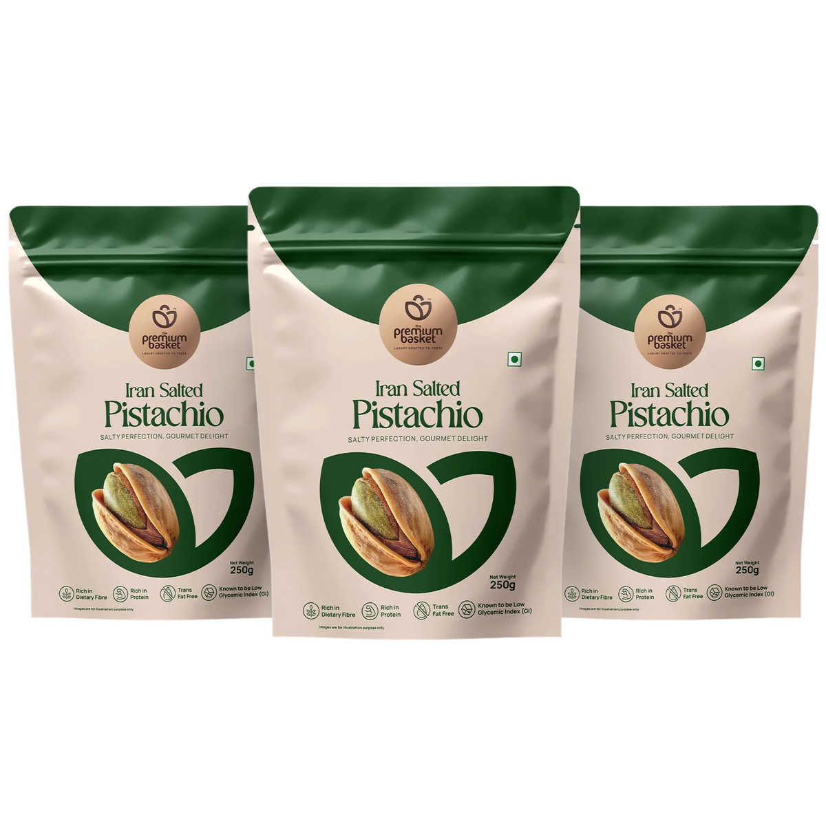 Iran salted pistachio bags, three green-topped pouches with pistachio label