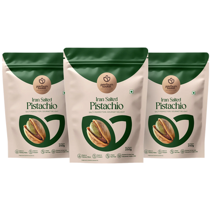 Iran salted pistachio bags, three green-topped pouches with pistachio label