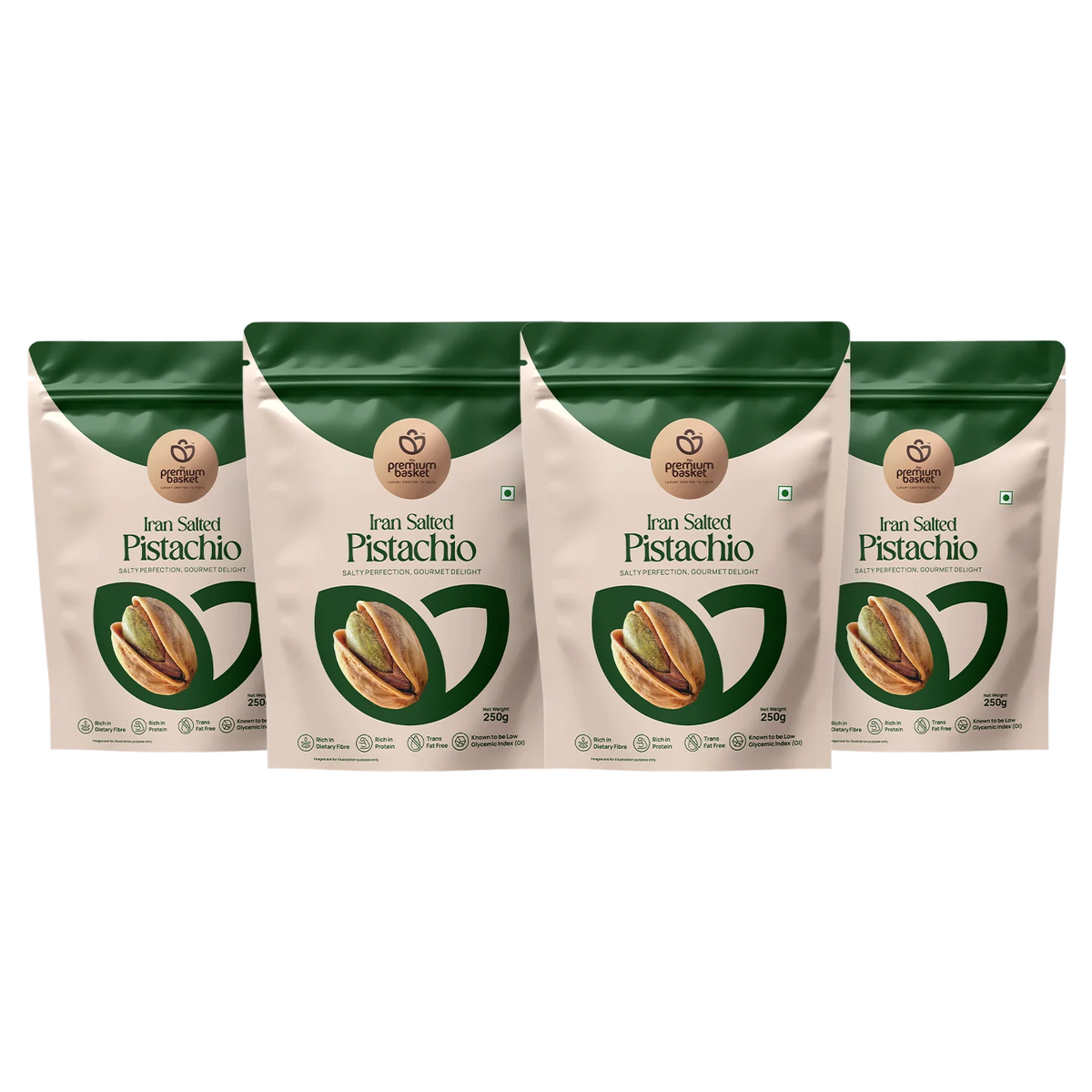 Iran salted pistachio bags, green-topped pouches with nut graphic and label