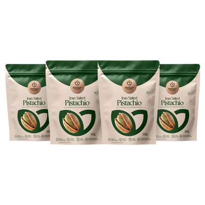 Iran salted pistachio bags, green-topped pouches with nut graphic and label
