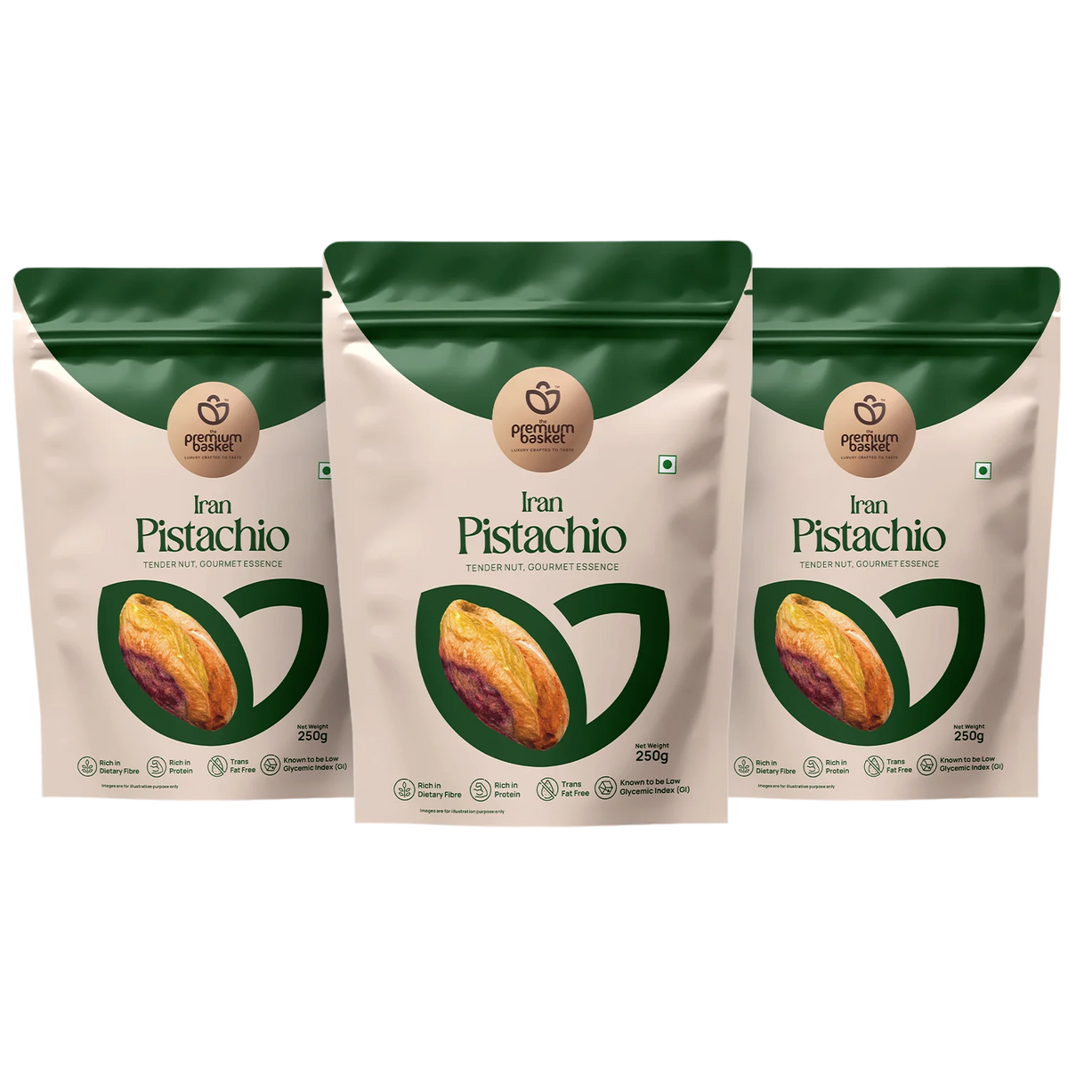 Premium pistachio kernels stand-up pouches, 3-pack with green and beige bags