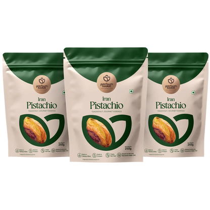 Premium pistachio kernels stand-up pouches, 3-pack with green and beige bags