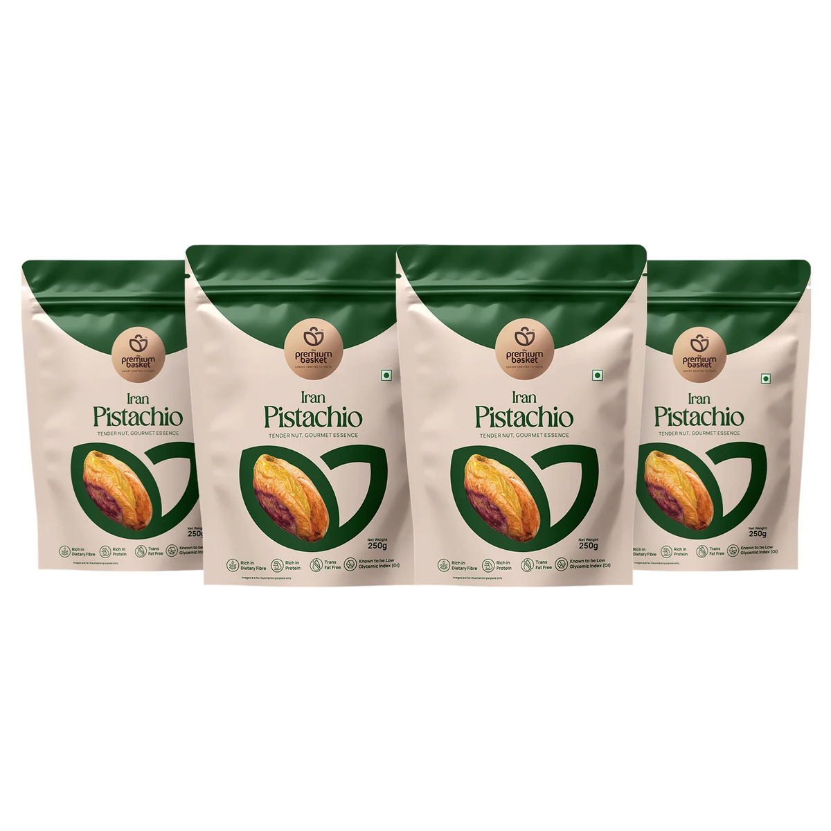 Premium pistachio kernels stand-up pouches, 4-pack with green and beige bags