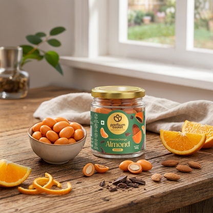 Valencia orange almond jar with whole almonds and orange slices