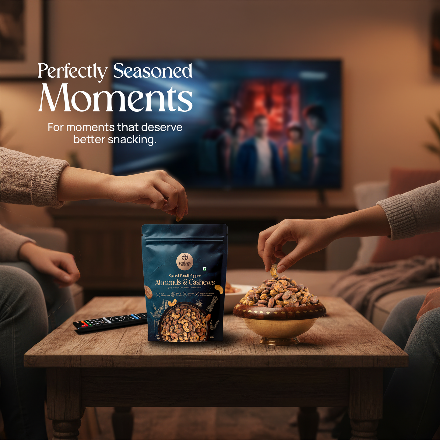 Spiced Pondi Pepper Almonds & Cashews snack bag on table with roasted nuts