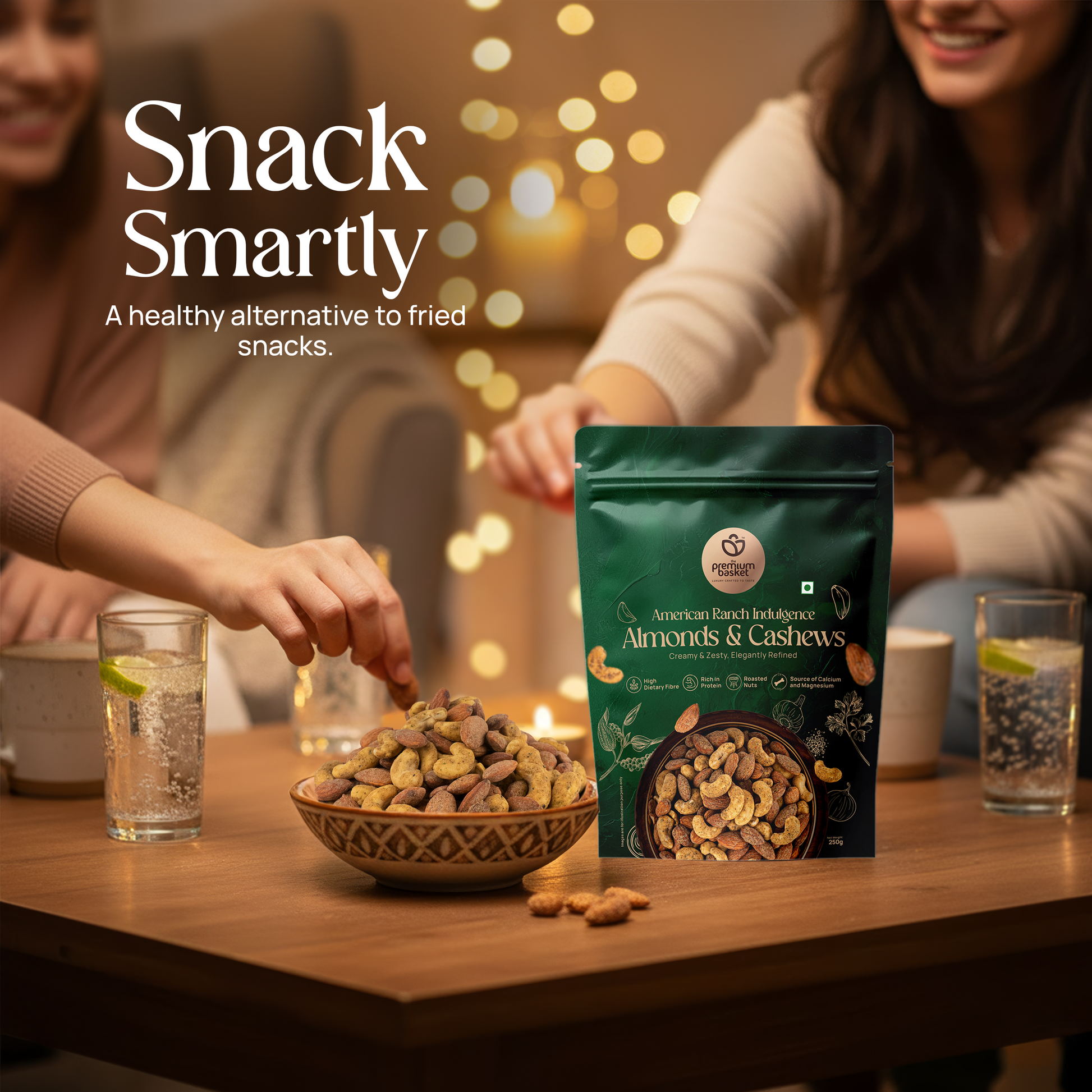 Almonds & cashews snack pouch beside a bowl of roasted nuts