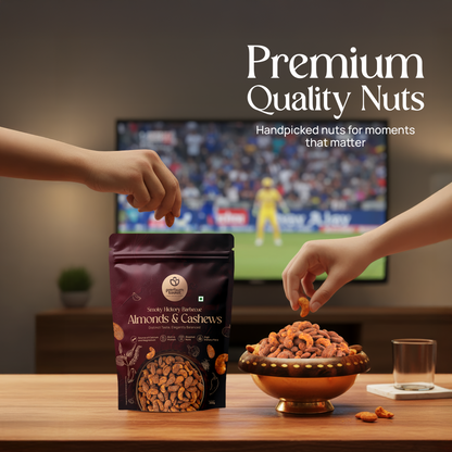 Smoky Hickory barbecue almonds & cashews bag with bowl of nuts on plate