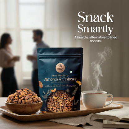 Spiced Pondi Pepper Almonds & Cashews snack bag with bowl of roasted nuts and cup