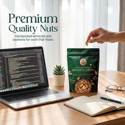 Almonds & cashews snack pouch on a desk next to a laptop and notebook