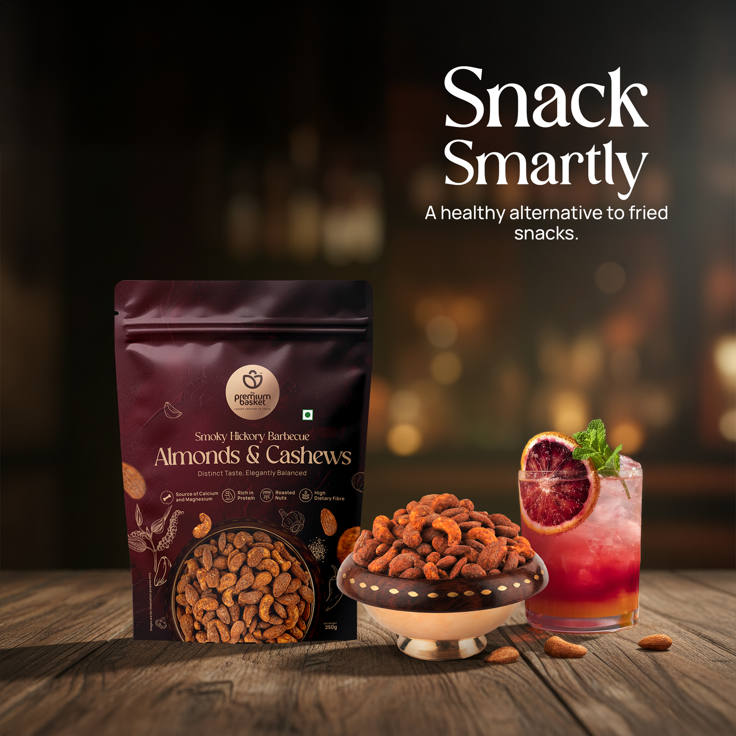 Smoky Hickory barbecue nut bag beside bowl of seasoned almonds and cashews