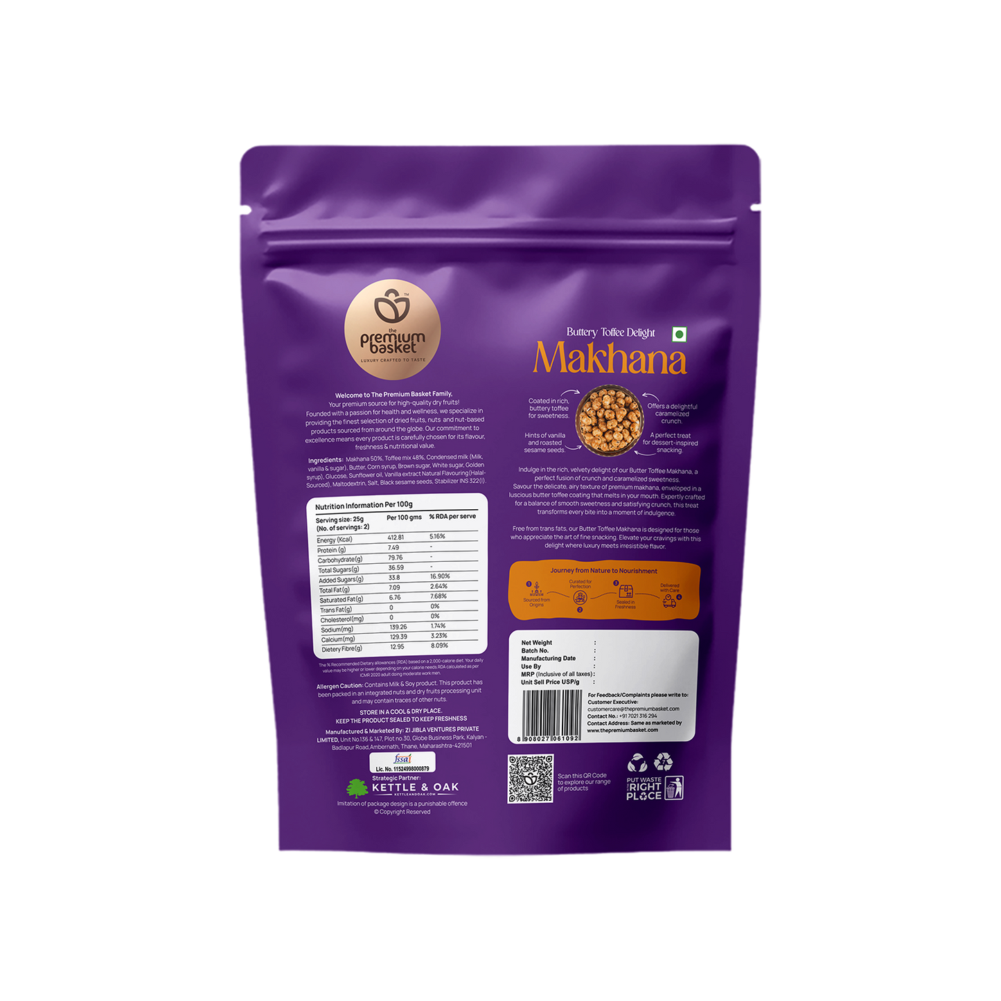 Back of purple makhana snack pouch with nutrition panel and barcode