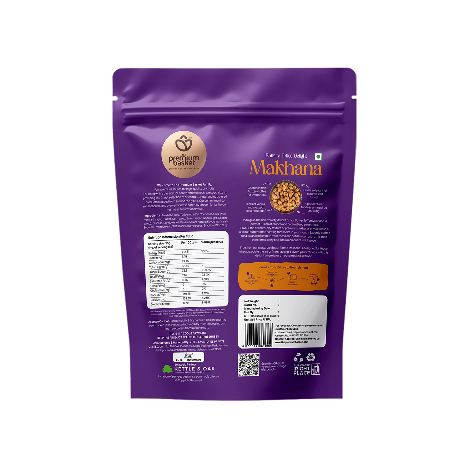Back of purple makhana snack pouch with nutrition panel and barcode