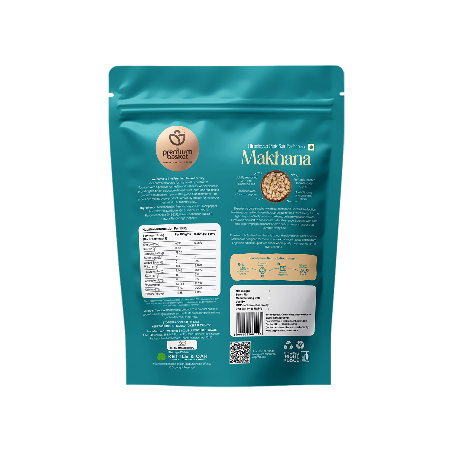 Turquoise makhana snack pouch back view with nutrition panel and barcode label