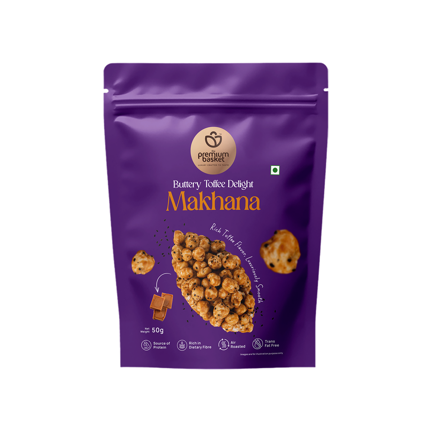 Front of purple makhana snack pouch with toffee-coated makhana graphic