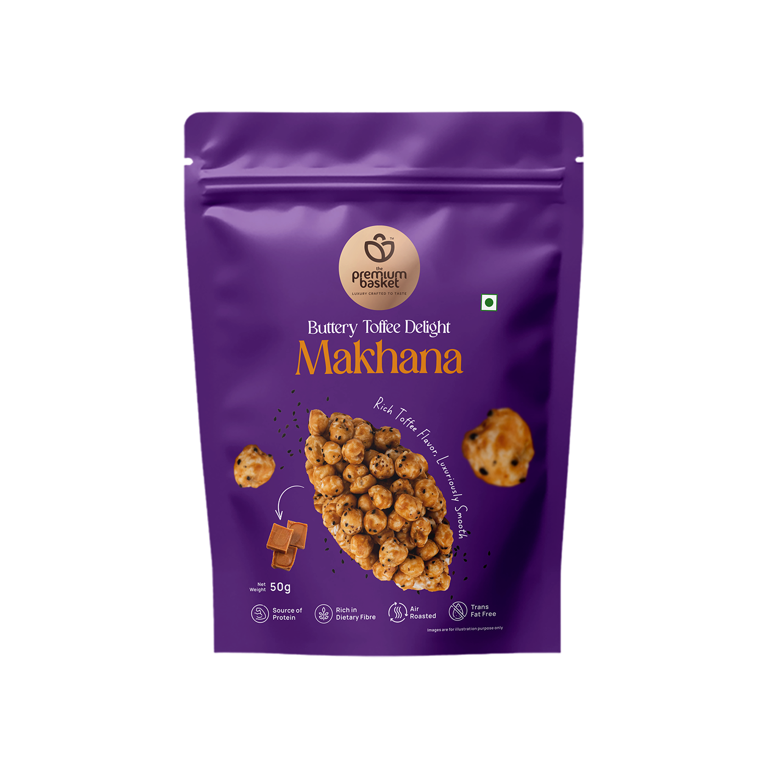 Front of purple makhana snack pouch with toffee-coated makhana graphic