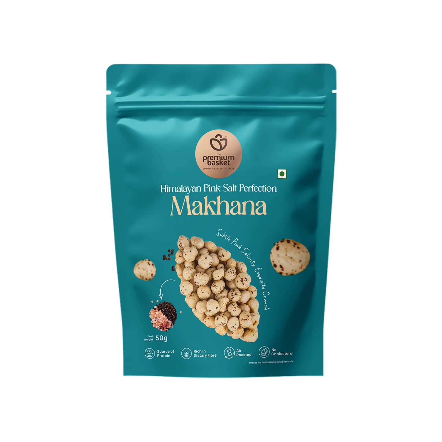 Turquoise Himalayan pink salt makhana snack pouch with puffed lotus seed graphic