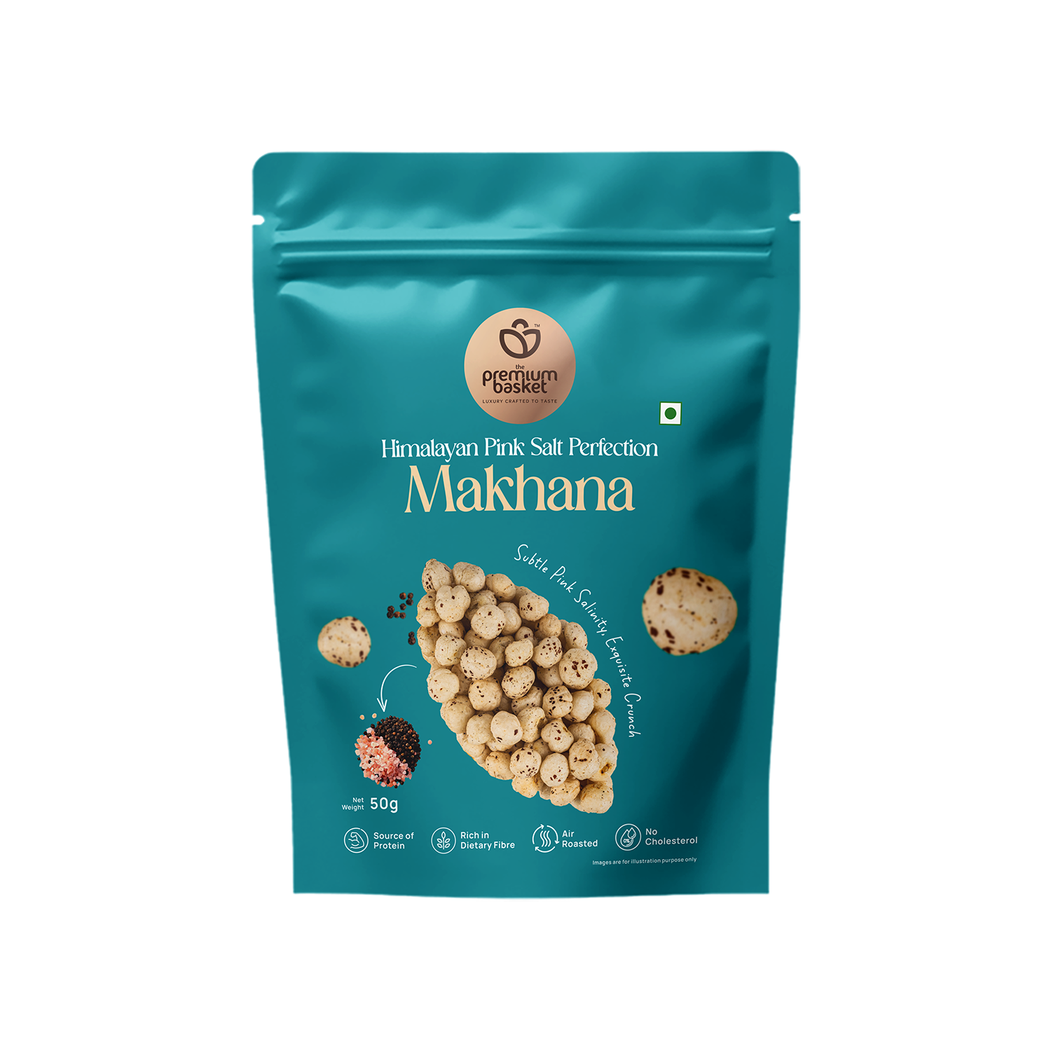 Turquoise Himalayan pink salt makhana snack pouch with puffed lotus seed graphic