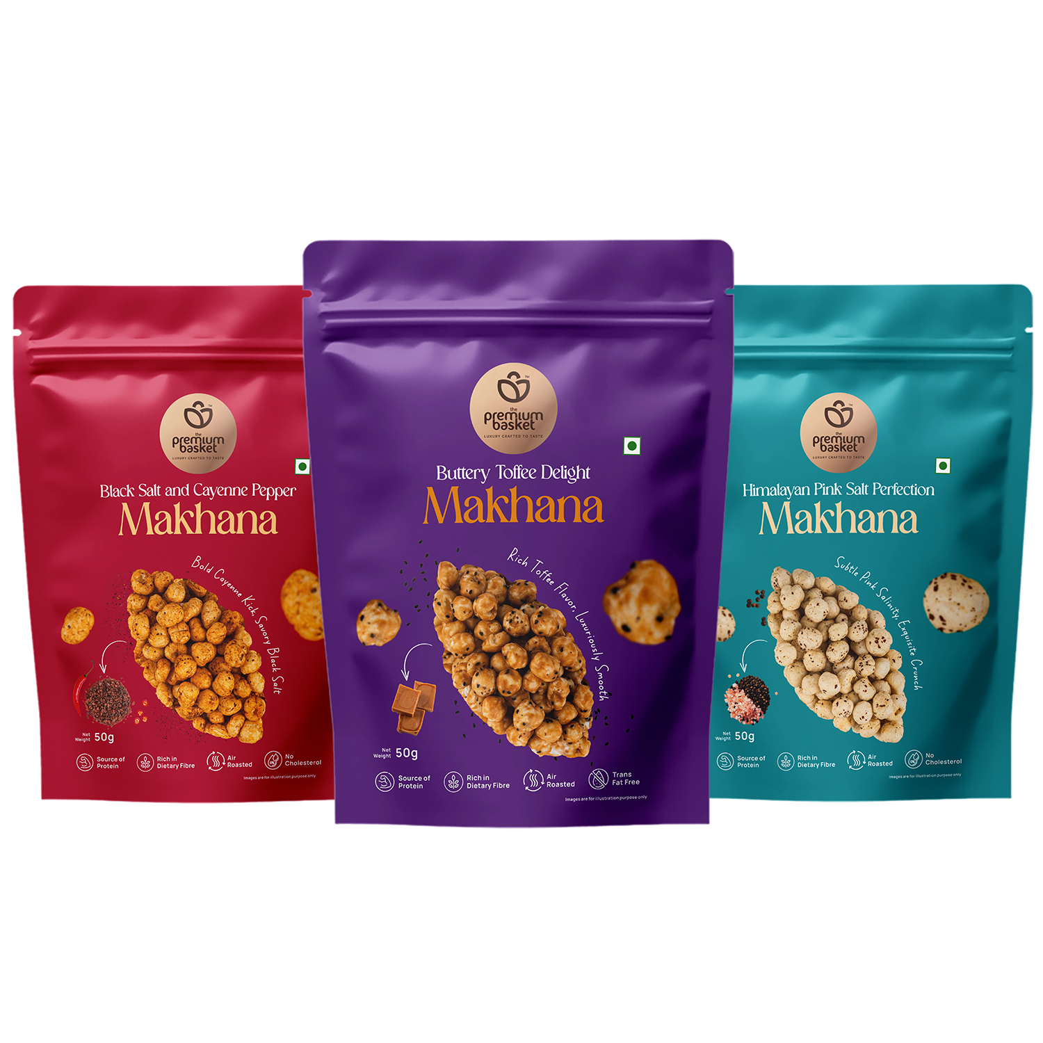 Gourmet makhana trio snack pouches in red, purple, and teal