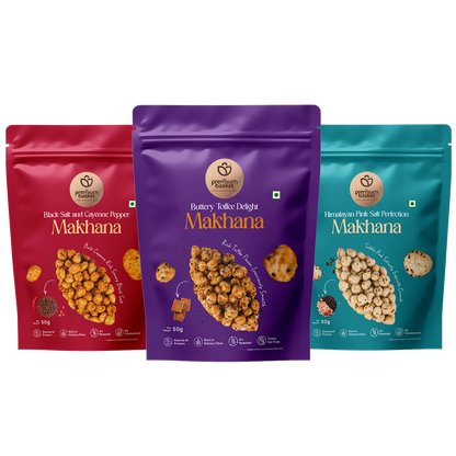 Gourmet makhana trio snack pouches in red, purple, and teal