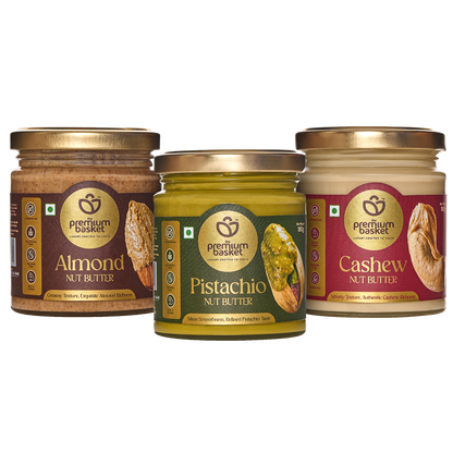 Nut butter trio: three jars with Almond, Pistachio, and Cashew labels