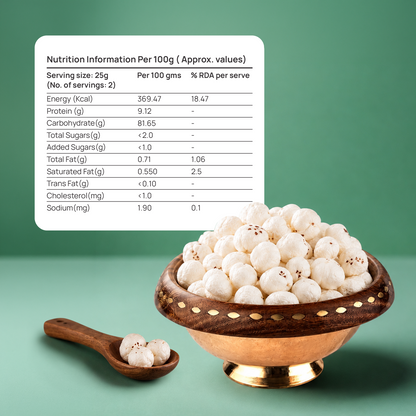 Bowl of roasted white makhana with spoon and nutrition information card