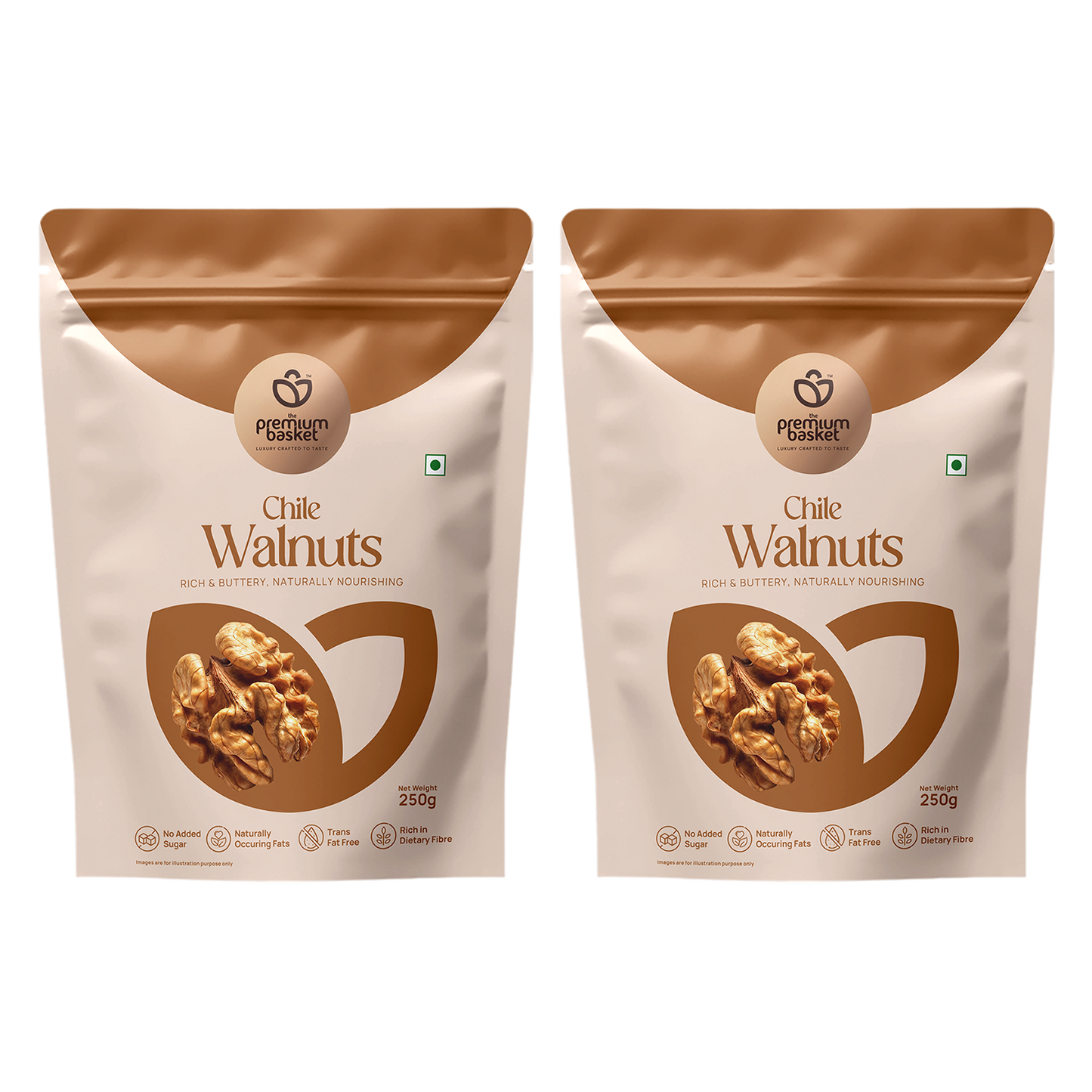Chile Walnuts pouch, 250g bag with roasted walnut kernels on the front