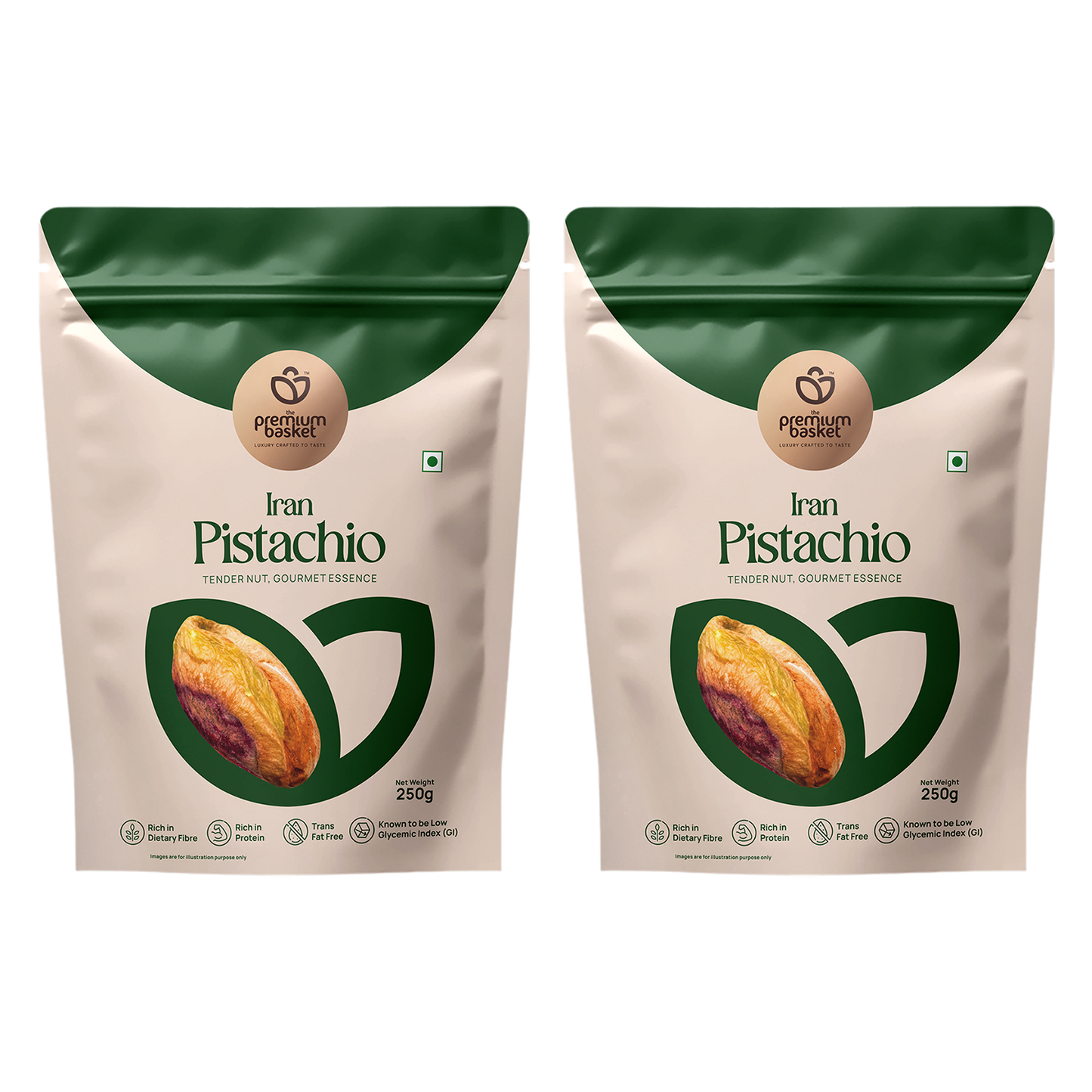 Two pistachio kernels bags with green-and-white packaging, side by side
