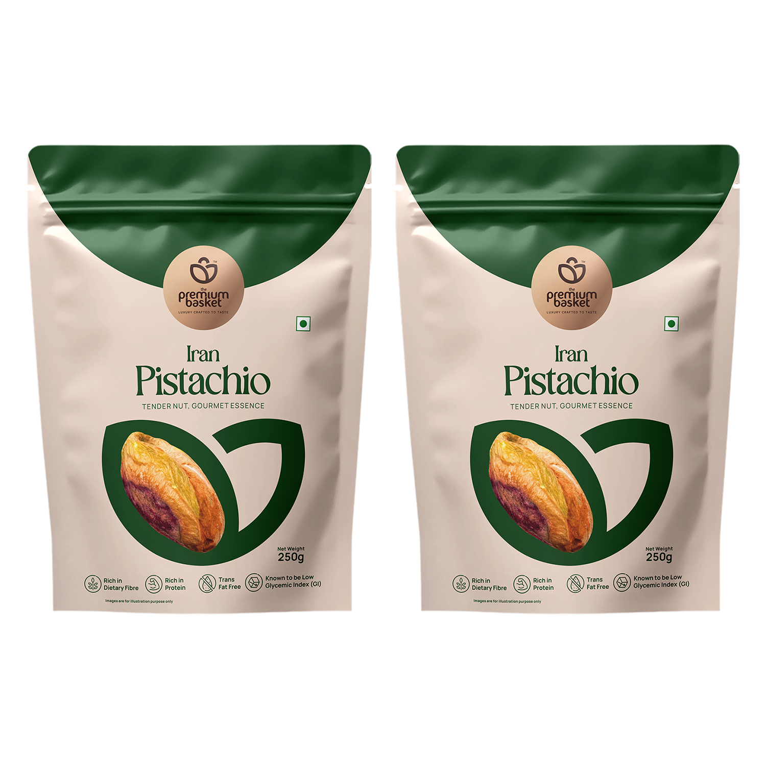 Two pistachio kernels bags with green-and-white packaging, side by side