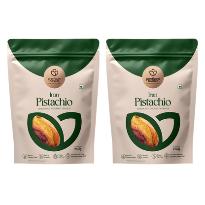 Two pistachio kernels bags with green-and-white packaging, side by side
