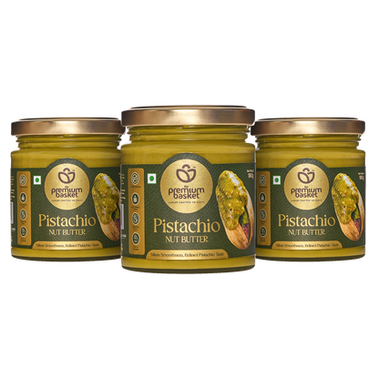Pistachio nut butter jars, three pack with green-gold labels and metal lids