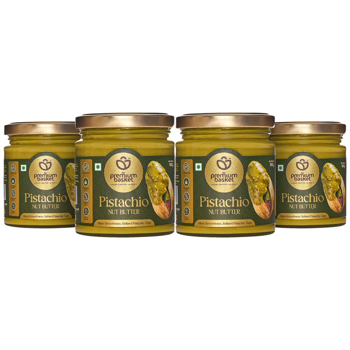 Pistachio nut butter jars, four pack with green-gold labels and metal lids
