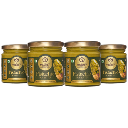 Pistachio nut butter jars, four pack with green-gold labels and metal lids