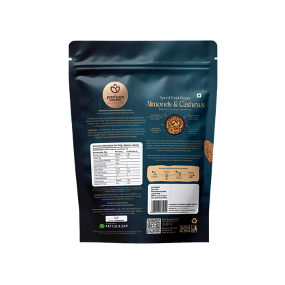 Spiced Pondi Pepper Almonds & Cashews snack bag, back panel with nutrition details
