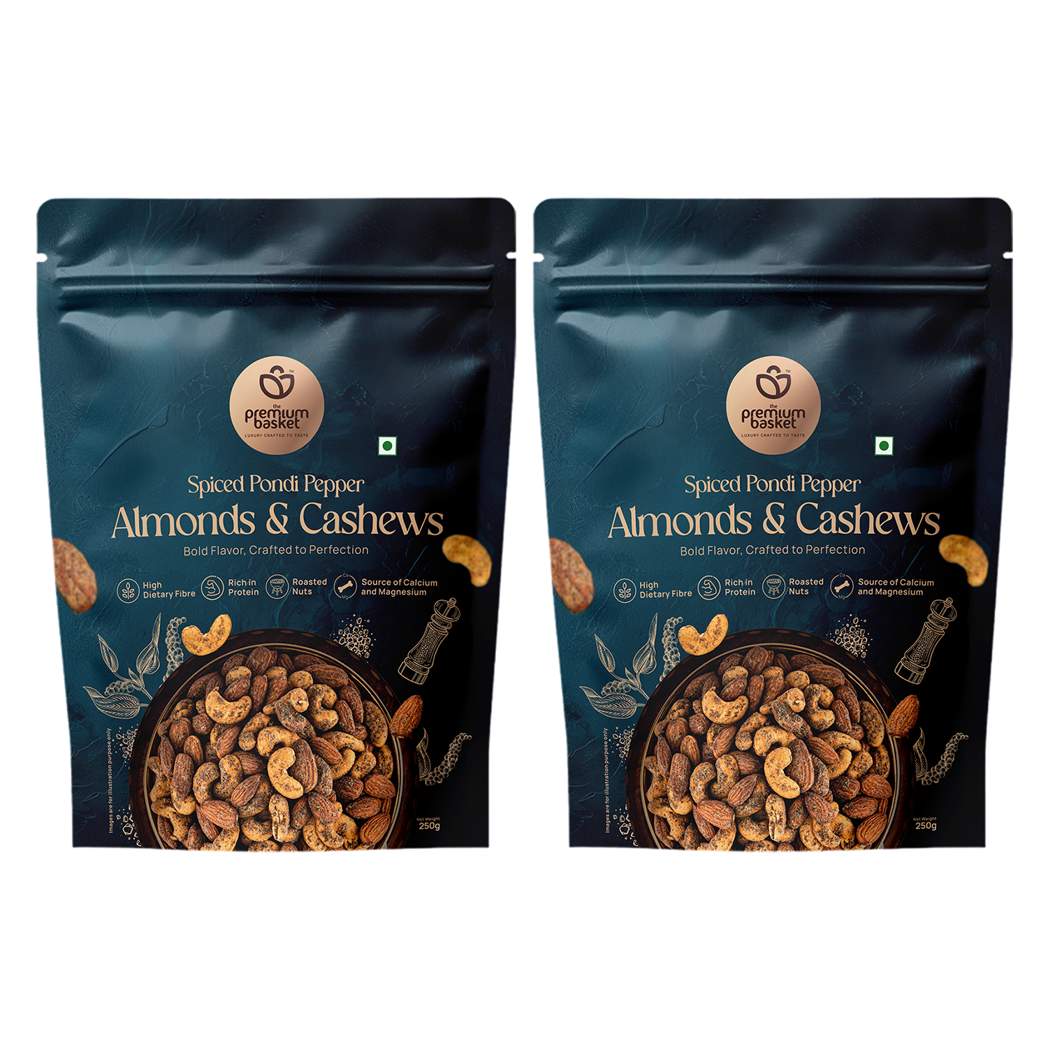 Spiced Pondi Pepper Almonds & Cashews snack bag, two-pack showing front views